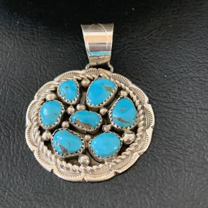 Navajo Blue Turquoise and Multi-Stone Round Cluster Pendant | Authentic Native American Sterling Silver | 2" | 02096