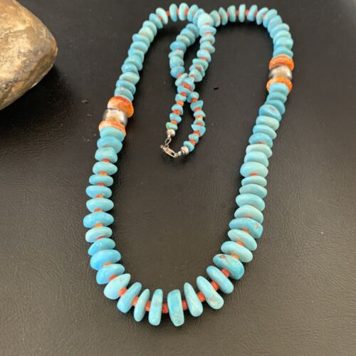 Navajo Natural Turquoise & Spiny Oyster Necklace | Sterling Silver | Authentic Native American | 29" | 13234