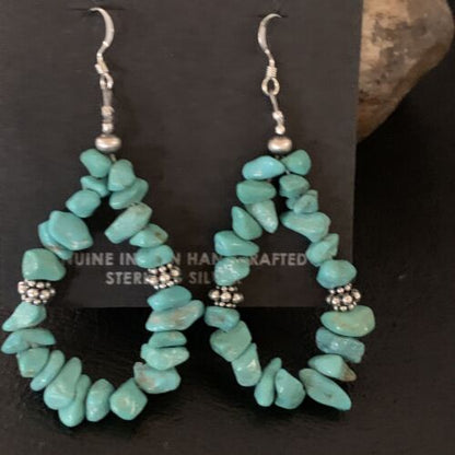 Navajo Turquoise Bead Nugget Earrings | Sterling Silver Pearls | 2" | Authentic Native American Handmade | 12888