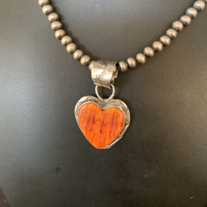 Navajo Orange Heart Spiny Oyster Pendant | Sterling Silver Necklace | Authentic Native American Handmade | 13948 - Masha USA