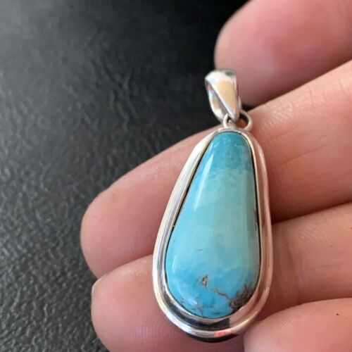 Navajo Blue Bisbee Turquoise Pendant | Sterling Silver | 1" | Authentic Native American Handmade | 1628