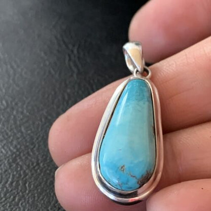 Navajo Blue Bisbee Turquoise Pendant | Sterling Silver | 1" | Authentic Native American Handmade | 1628