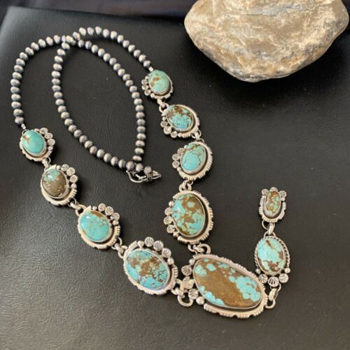 Navajo Blue Turquoise #8 Lariat Necklace | Sterling Silver | Native American Handmade | 10759