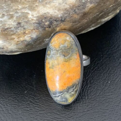 Navajo Bumble Bee Jasper Ring | Sterling Silver | Sz 8 Adjustable | Authentic Native American Handmade | 11538
