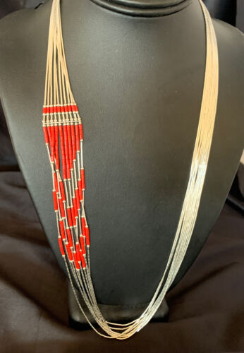 Red Coral Heishi Necklace | 10 Strand Liquid Silver | Sterling Silver Tubes | 26" | 13060