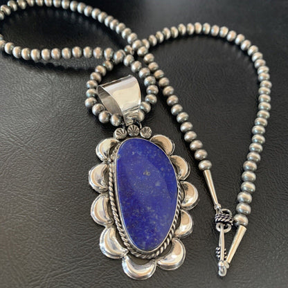 Native American Navajo Blue Lapis Pendant Necklace | Sterling Silver | 11673 - Masha USA