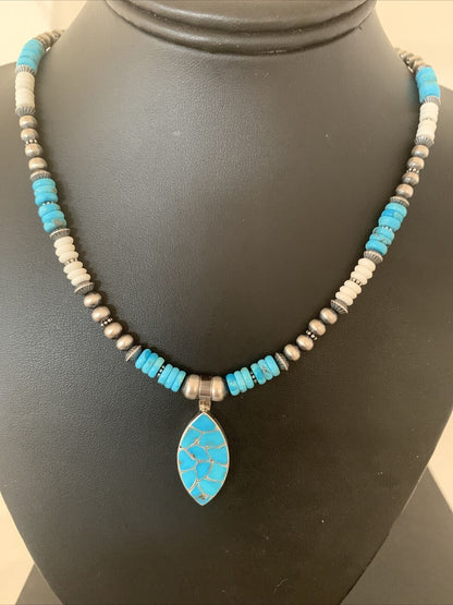 Zuni Turquoise Howlite Inlay Necklace Pendant | Sterling Silver | Authentic Native American Handmade | 02091