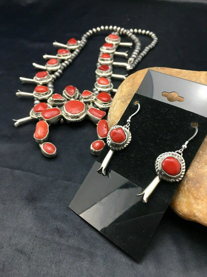 Navajo Coral Naja Pendant | Sterling Silver Squash Blossom Necklace & Earrings Set | 4176 - Masha USA