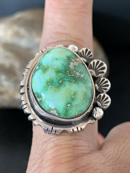 Navajo Green Sonoran Turquoise Ring | Sterling Silver | Sz 9.5 | Authentic Native American Handmade | 10421