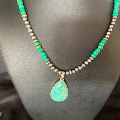 Navajo Pearl Green Royston Turquoise Pendant Necklace | Sterling Silver | 21" | Authentic Native American Handmade | 13911