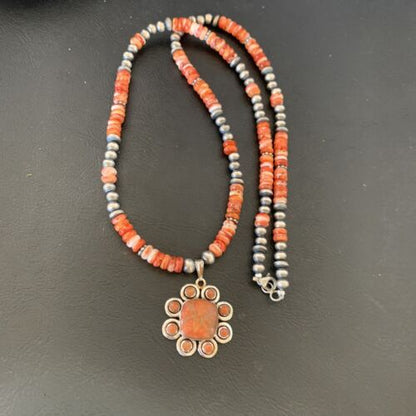 Navajo Pearl Necklace with Red Apple Coral, Spiny Oyster Pendant Multi-Stone | Authentic Native American Sterling Silver | Multi-Stone | 12372