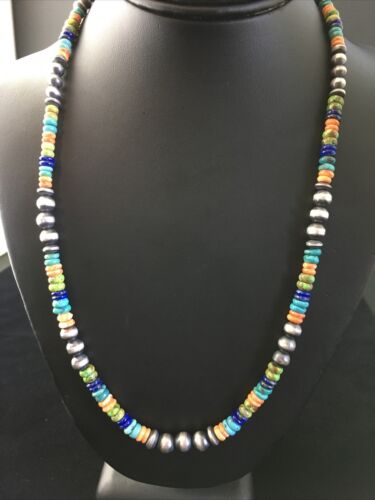 Navajo Orange Spiny Oyster Necklace | Sterling Silver Pearls | 21" | Authentic Native American Handmade | 1763