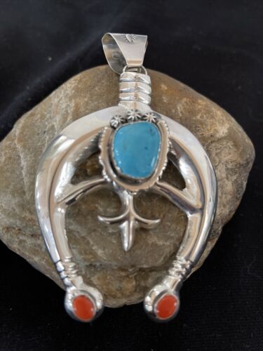 Navajo Sterling Silver Naja Pendant | Turquoise & Spiny Oyster | Authentic Native American Handmade | 1060