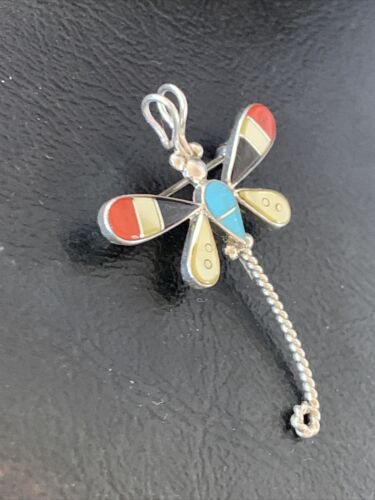 Zuni Turquoise Yellow Mother of Pearl Inlay Dragonfly Necklace Pin Pendant | Sterling Silver | 12323