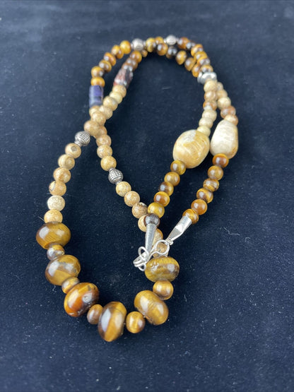 Women's Graduated Tigers Eye & Picture Jasper Necklace | Sterling Silver | Authentic Native American | 24" | 10075