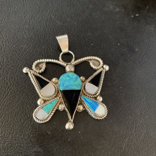 Zuni Butterfly Opal Mother of Pearl Onyx Inlay Pendant Necklace | Sterling Silver | 14207