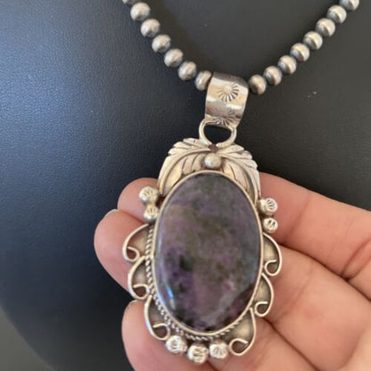 Native American Men's Necklace | Sterling Silver Navajo Pearls with Sugilite Pendant | 1523 - Masha USA