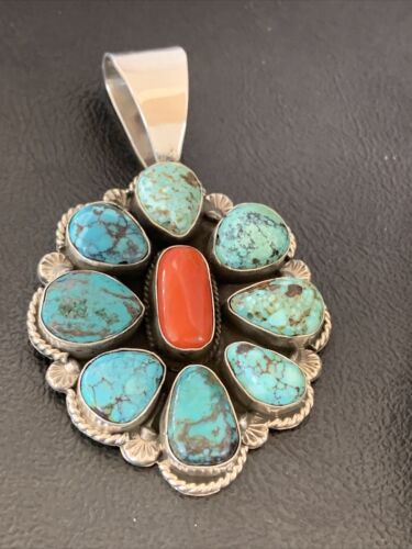 Navajo Cluster Coral Spiderweb Turquoise Pendant | Sterling Silver | Authentic Native American Handmade | 2227