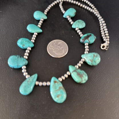 Navajo Teardrop Blue Turquoise Necklace | Sterling Silver Pearls | Authentic Native American Handmade | 14388