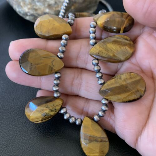 Navajo Pearl Sterling Silver Necklace | Coffee Tiger's Eye Teardrop Pendant | 21" | 11748