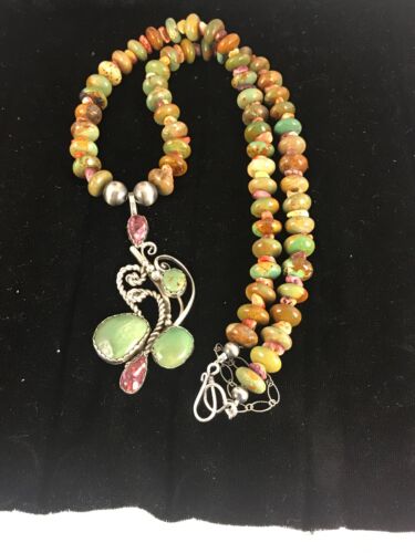 Navajo Green Turquoise & Spiny Oyster Pendant Necklace | Authentic Native American Sterling Silver | Multi-Stone | 8488