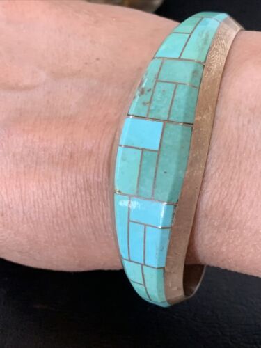 Native American Men's Bracelet | Sterling Silver Blue Kingman Turquoise Inlay | 12099