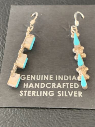 Zuni Handmade Kingman Turquoise Needle Point Dangle Earrings | Sterling Silver | 13024