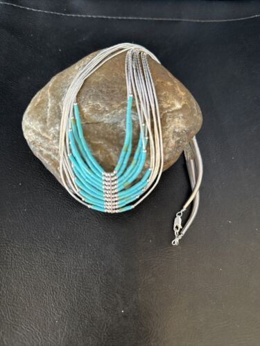 Southwestern Liquid Silver Heishi Necklace | 10 Strand | Turquoise | Sterling Silver | 14819