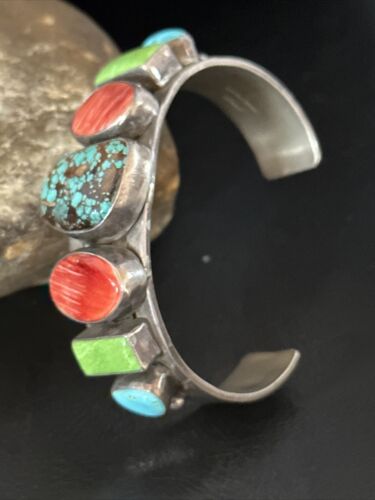 Navajo Turquoise Gaspeite Spiny Oyster Cuff Bracelet | Sterling Silver | Authentic Native American Handmade | 14815