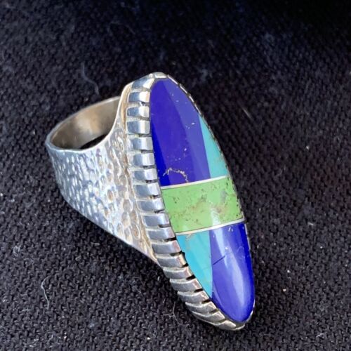 Navajo Multi-Color Lapis & Turquoise Inlay Ring | Sterling Silver | Sz 7 | Authentic Native American Handmade | 1577