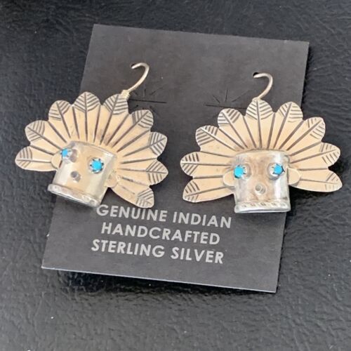 Old Pawn Native American Indian Head Dangle Earrings | Sterling Silver Blue Turquoise | 13037