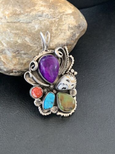 Navajo Sugilite, White Buffalo Turquoise, Spiny Oyster Multi-Stone Pendant | Authentic Native American Sterling Silver | Multi-Stone | 1224