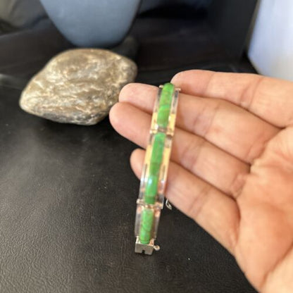 Women's Green Gaspeite Inlay Link Bracelet | Sterling Silver | 6.25" | 14526