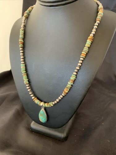 Navajo Green Turquoise Pendant Necklace | Sterling Silver | Authentic Native American Handmade | 11779