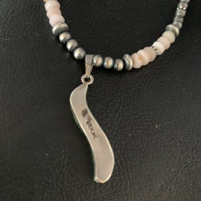 Navajo Pink Opal Beads Necklace Multi-Stone Mother of Pearl Inlay Pendant | Sterling Silver | 13458