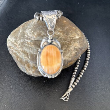 Navajo Pearls Orange Spiny Oyster Necklace Pendant | Sterling Silver | Authentic Native American Handmade | 14719