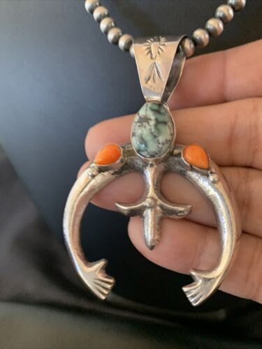 Navajo Pearl Necklace with Green Turquoise & Spiny Oyster Naja Pendant | Sterling Silver | Authentic Native American Handmade | 11701