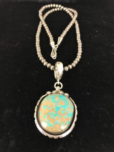 Navajo Pearls Sterling Silver Turquoise #8 Necklace Pendant | 2.5" | Signed | Authentic Native American Handmade | 3954