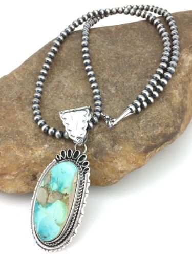USA Royston Turquoise Pendant Navajo Pearls Sterling Silver Necklace 4820