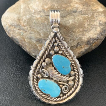 Southwestern Blue Turquoise Cluster Pendant | Authentic Men's Sterling Silver | Multi-Stone | 3" | 02104
