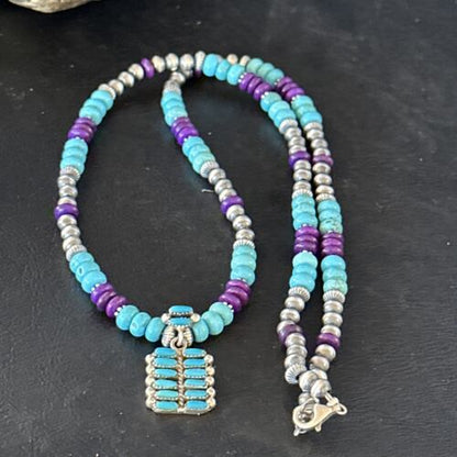 Blue Turquoise Sugilite Navajo Sterling Silver Necklace Pendant | Multi-Stone | 14644