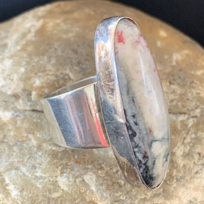 Native American Men's Navajo Cinnabrite Ring | White Black | Sterling Silver | Sz 7.5 | 1555