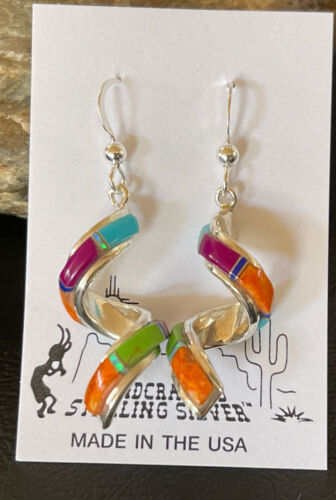 Navajo Swirl Turquoise Spiny Opal Inlay Earrings | Sterling Silver | 1.25" | 1554