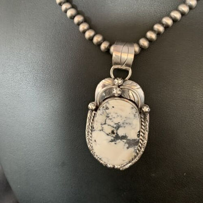 White Buffalo Turquoise Pendant Necklace | Sterling Silver | Navajo | Authentic Native American Handmade | 14052