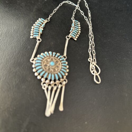 Zuni Kingman Turquoise Needle Point Necklace Pendant Set | Sterling Silver | Authentic Native American Handmade | 14535