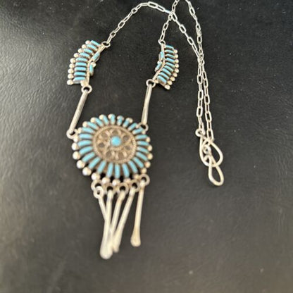 Zuni Kingman Turquoise Needle Point Necklace Pendant Set | Sterling Silver | Authentic Native American Handmade | 14535