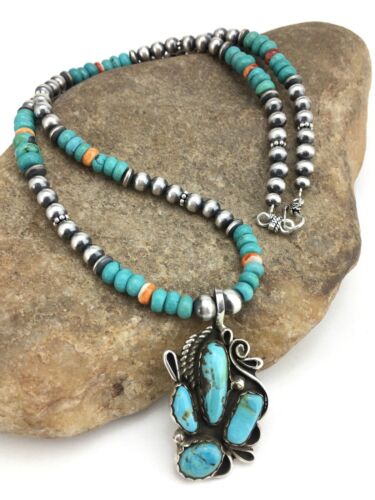 Navajo Blue Turquoise and Spiny Oyster Multi-Stone Pendant Necklace | Authentic Native American Sterling Silver | 21" | 4886 - Masha USA