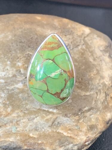 Adjustable Navajo Green Mojave Turquoise Ring | Sterling Silver | Sz 8 | 11786