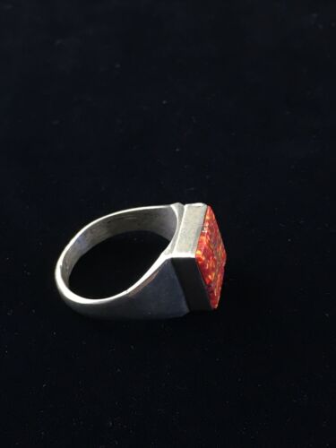 Navajo Men's Red Opal Inlay Ring | Sterling Silver | Sz 9.5 | Authentic Native American Handmade | 10104