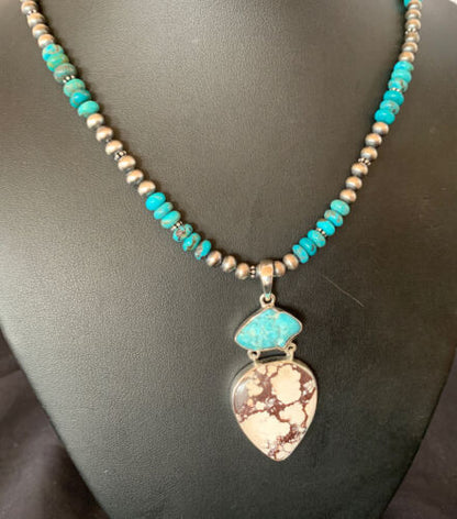 Men's Navajo Pearl Necklace Pendant | Sterling Silver | Blue Turquoise & Wild Horse Multi-Stone | 11756
